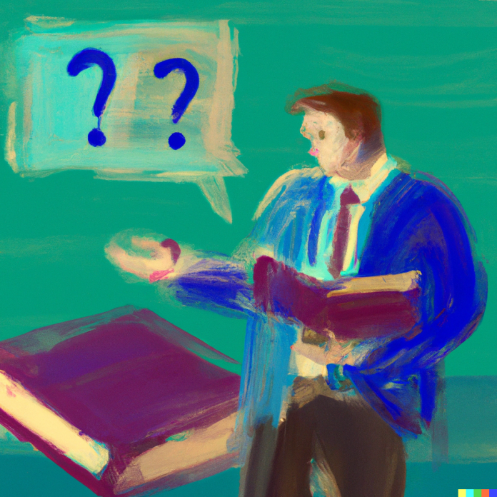 Impressionist painting of a man asking questions to a book to use in an IT weblog